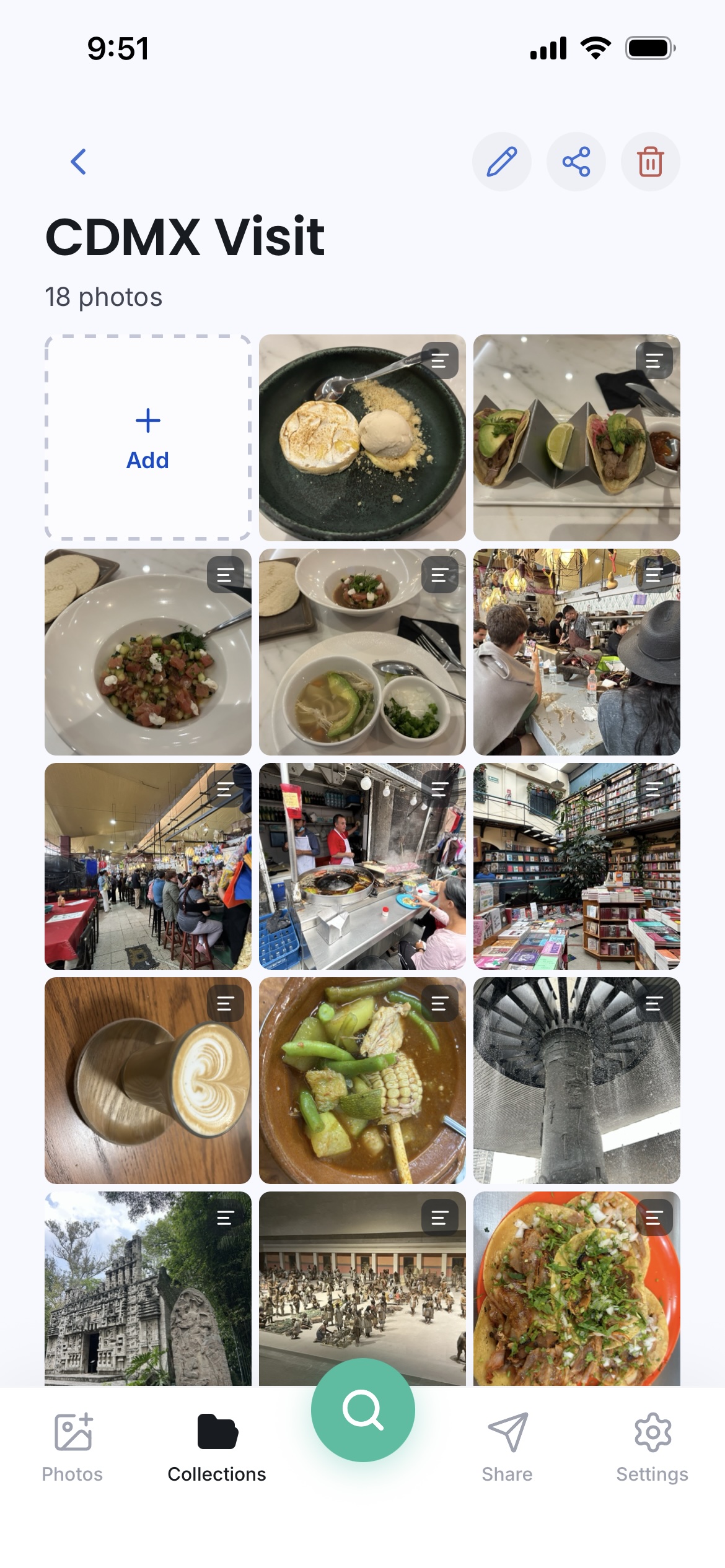 Collection view in Iking Lens — a collection (‘CDMX Visit’, 18 photos) shown as a grid you can add to