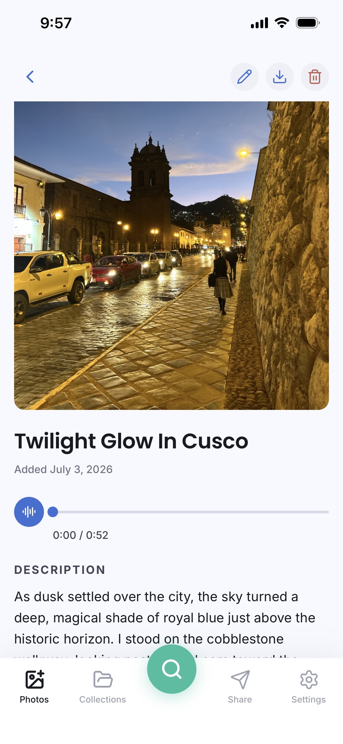 Photo view in Iking Lens — a photo shown with its title, date, a written description, and an audio note