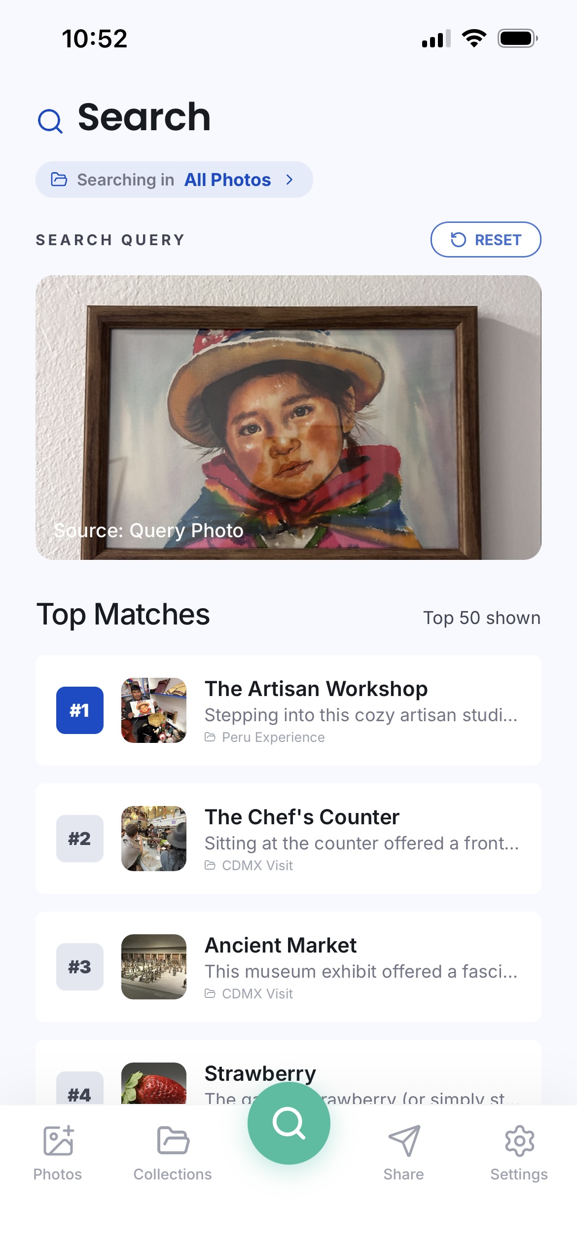 Image search in Iking Lens — tapping a photo surfaces visually similar shots from your library, ranked by similarity